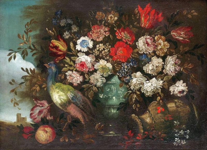 Andrea Boscoli Stilleben med blommor och pafagel France oil painting art